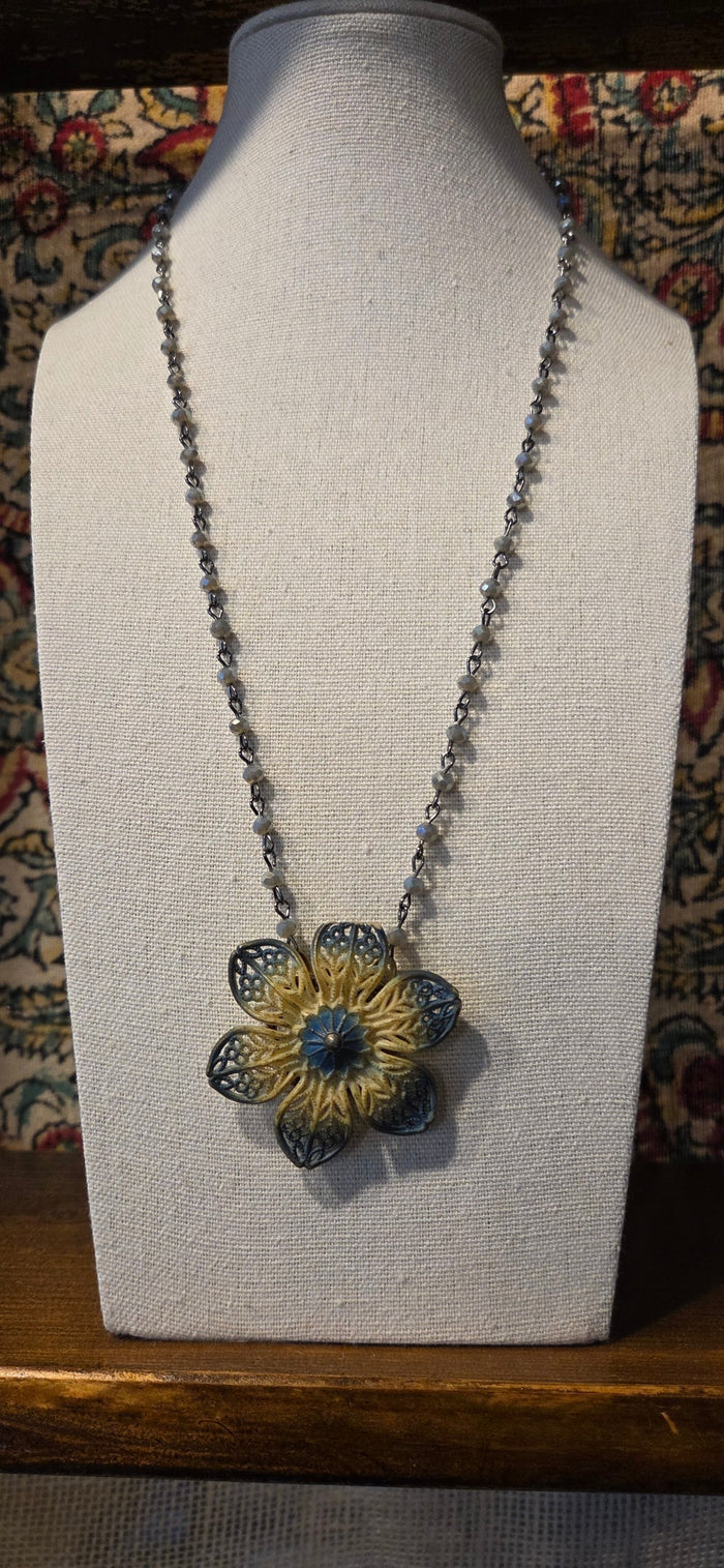 Handmade blue filigree flower pendant necklace by Gina's Originals