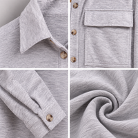 Four-panel close-up collage of a light heather gray long-sleeve button-up shirt, showing the collar, chest pocket with buttons, cuff detail, and fabric texture.