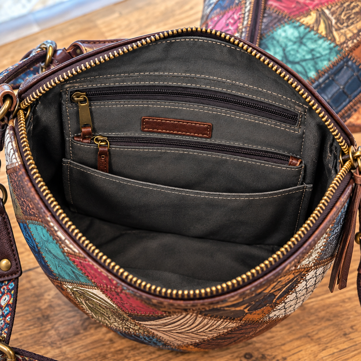 Inside Pockets f the L'Artiste Leather Patchwork Crossbody Purse