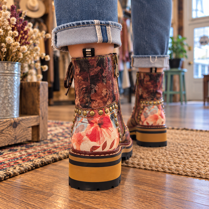 Back view of L'Artiste Rugup Flower Boot in Brown Multi