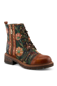 Boots with floral pattern and brown leather accents on a white background