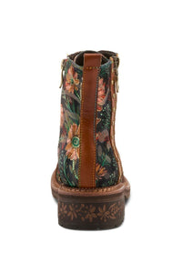 Floral-patterned boot with brown accents on a white background