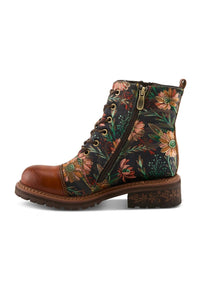 Floral patterned boot with brown accents on a white background