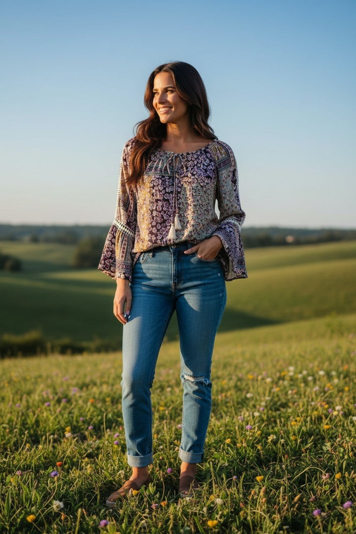 Charming Bell Sleeve Patchwork Top