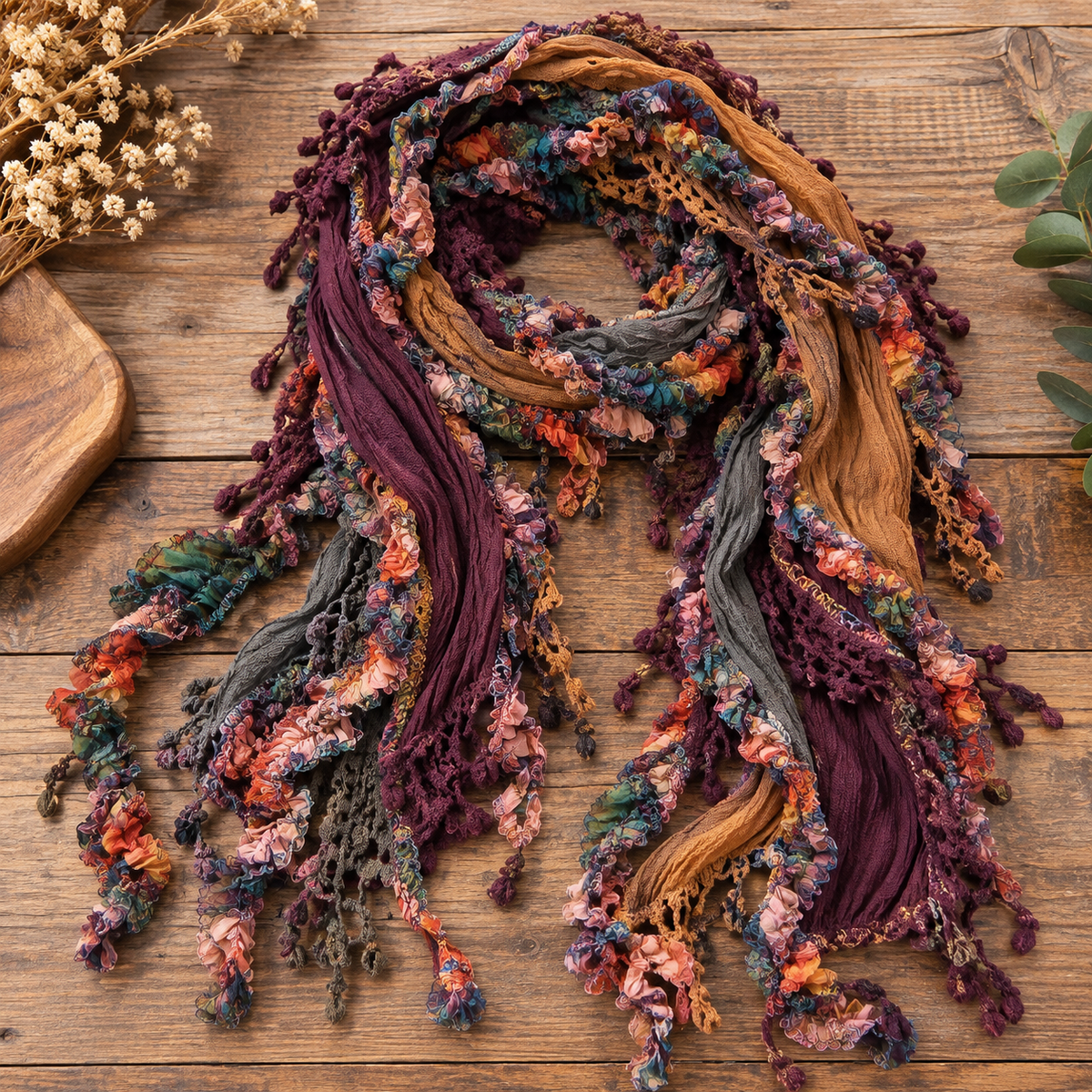 Monkey Mango handmade boho scarf in Blackberry Harvest