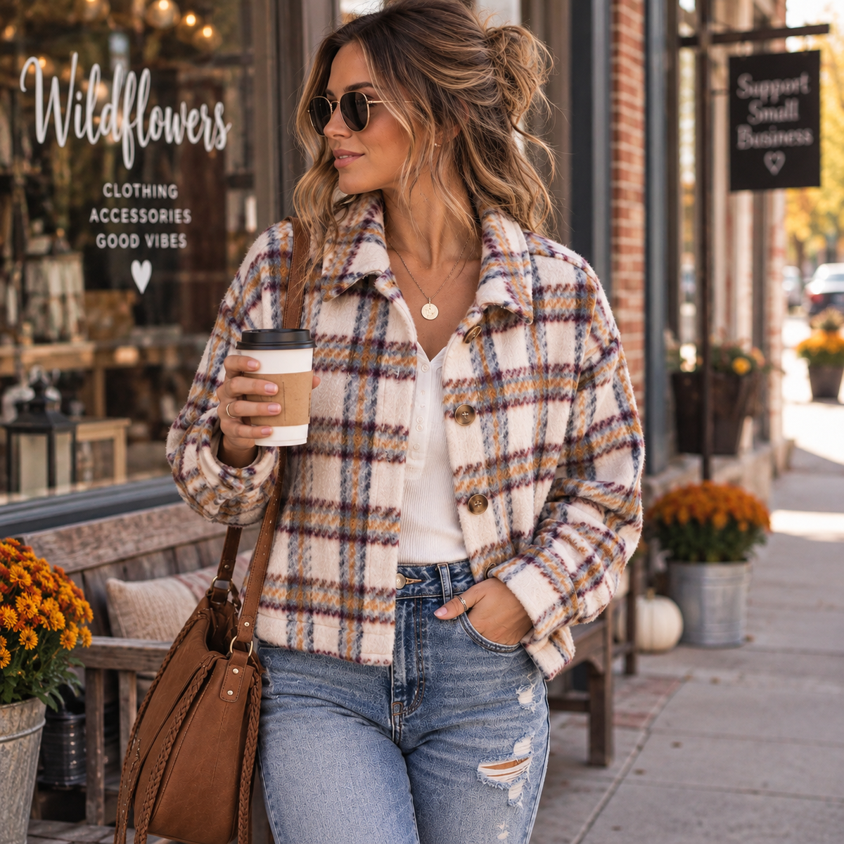 A woman stands on a city sidewalk wearing a cream plaid button-front jacket with brown and muted blue lines, a white top, and light-wash jeans. She holds a coffee cup and a brown shoulder bag, with storefront windows, flowers, and a bench in the background.