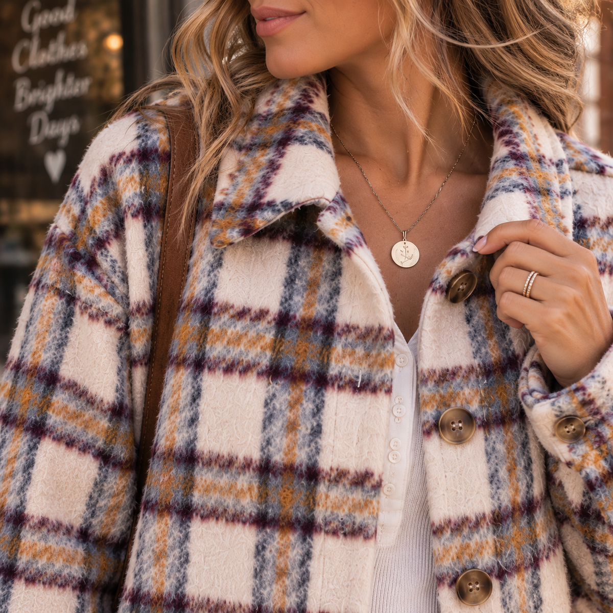 A close-up of a woman wearing a fuzzy plaid coat in cream, mustard yellow, and purple tones, with a white ribbed top underneath and a gold pendant necklace.