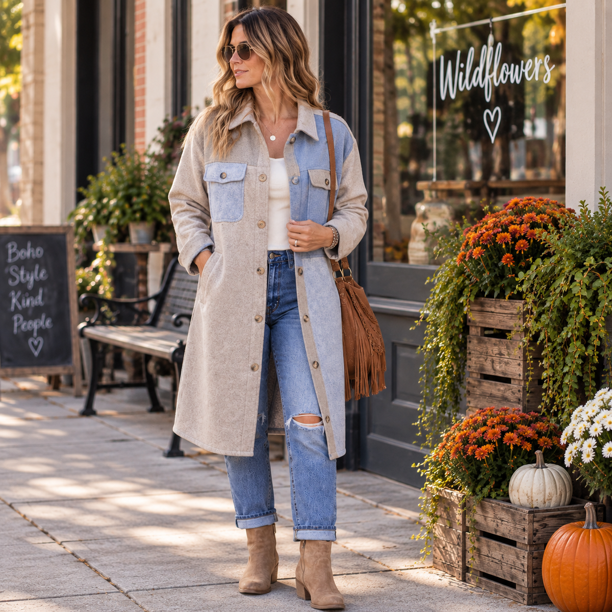 A woman stands on a sidewalk in front of a storefront wearing a light beige and light blue long coat over a white top and blue jeans, with tan ankle boots and a brown shoulder bag. The shop window reads Wildflowers, and the scene includes fall decorations like pumpkins, flowers, and a bench.