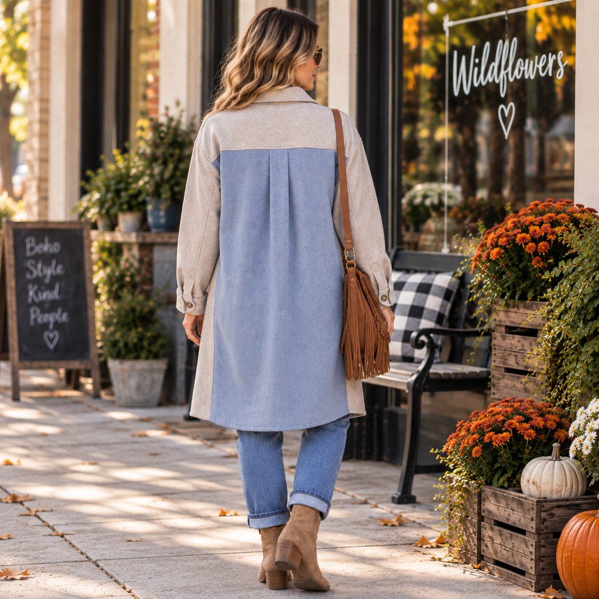 A woman viewed from behind walking on a storefront sidewalk, wearing a long color-block coat with beige and light blue panels, cuffed blue jeans, tan ankle boots, and a brown shoulder bag. The shop window has a sign reading “Wildflowers,” with fall decor including orange flowers, pumpkins, and a bench in the background.
