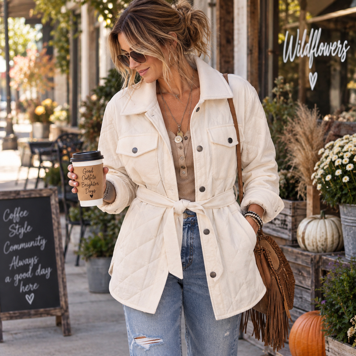 A woman wearing a cream quilted jacket with a tie waist, blue jeans, and a brown fringe shoulder bag, standing on a sidewalk in front of a storefront with the sign 'Wildflowers'. She is holding a coffee cup.