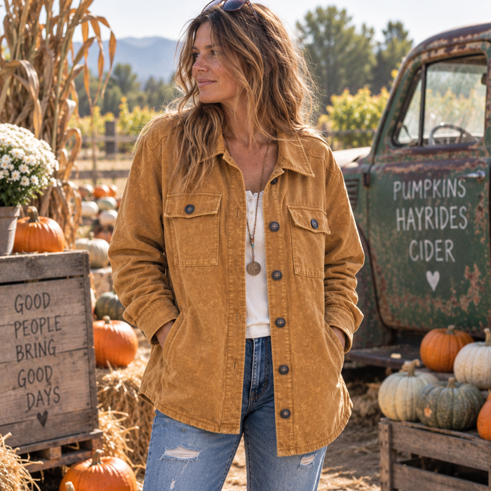 A woman stands outdoors at a fall harvest-themed event, wearing a mustard button-up shirt jacket over a white top and blue jeans. Pumpkins, hay, and a rustic green pickup truck are visible in the background.