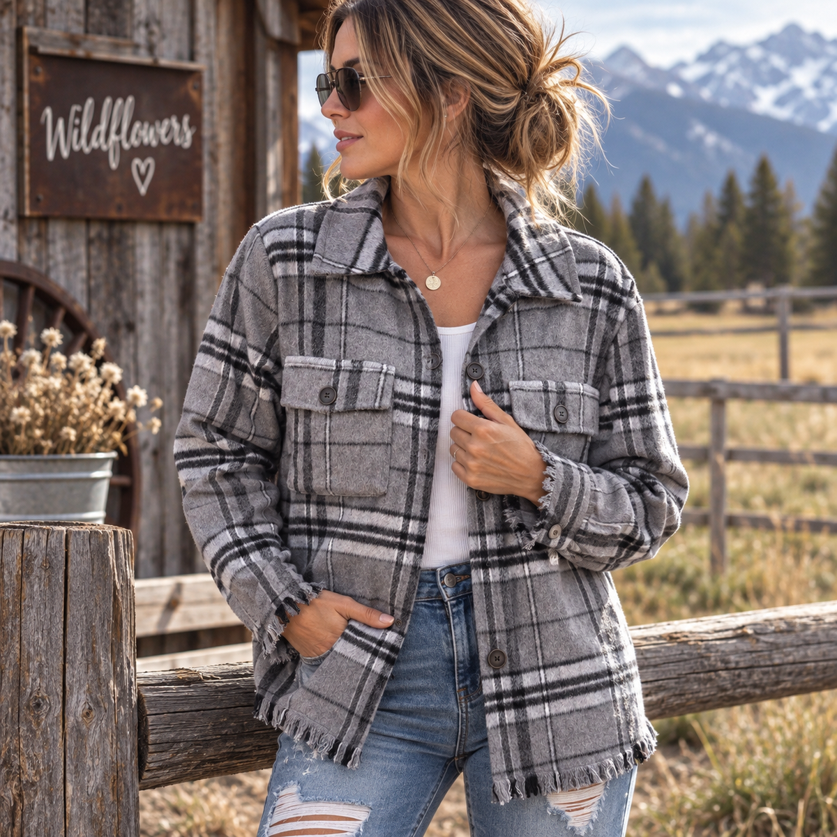 A woman wearing a gray and black plaid button-up flannel shirt jacket, styled with a white top and distressed blue jeans, standing in front of a rustic wooden fence and mountain backdrop.