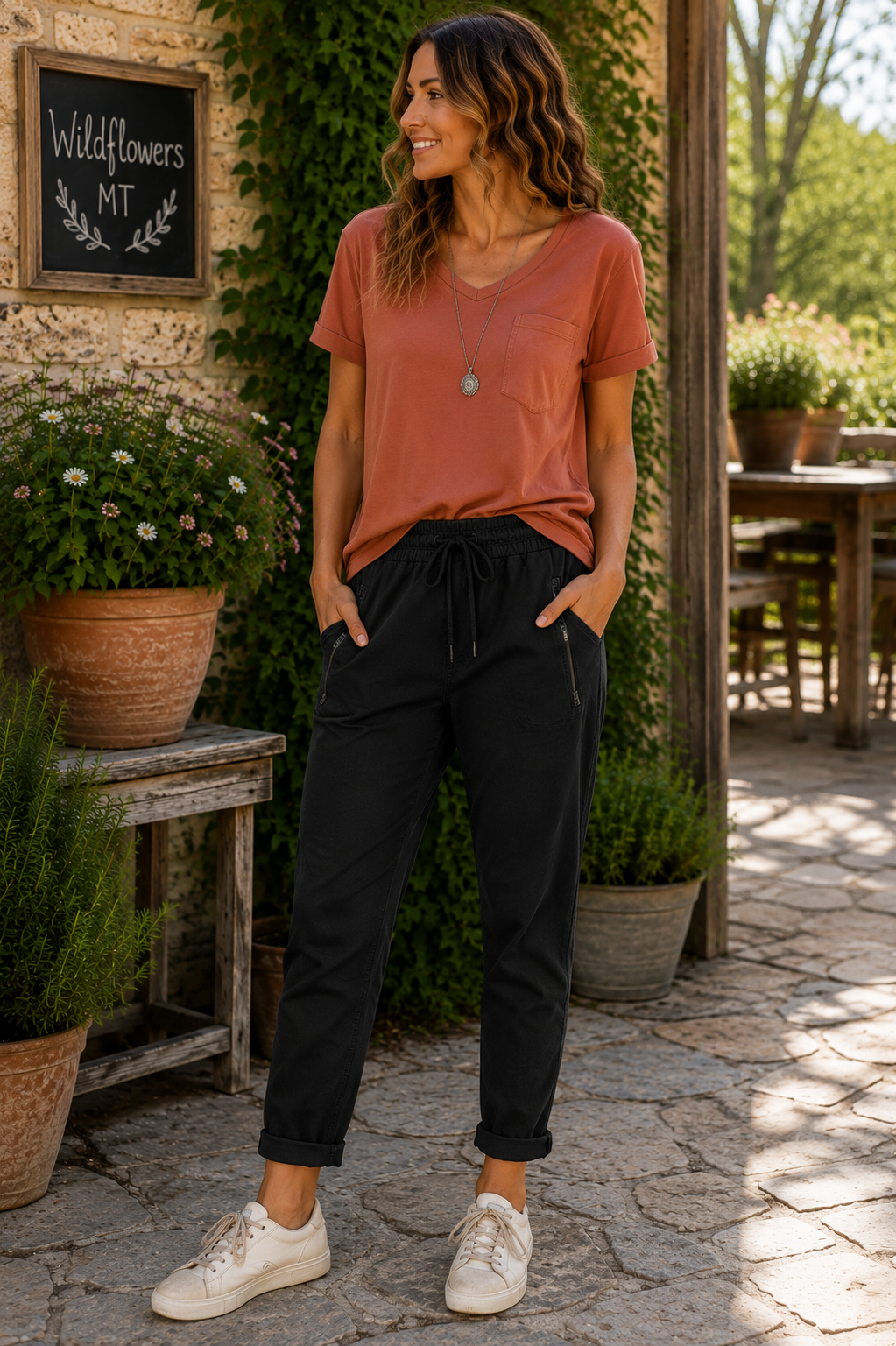 A woman stands outdoors on a stone patio wearing a muted terracotta short-sleeve V-neck t-shirt and black drawstring pants with white sneakers. A rustic stone wall, potted plants, and a small chalkboard sign reading 'Wildflowers MT' are visible in the background.