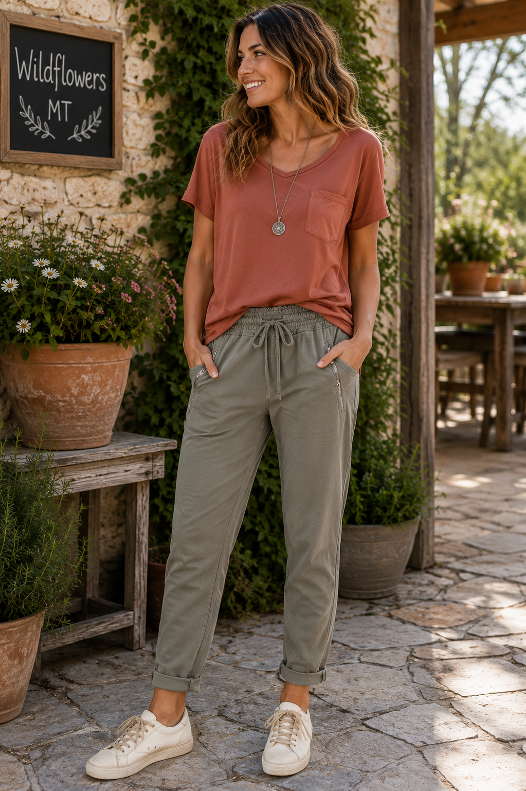 A woman stands outdoors on a stone patio wearing a rust-colored short-sleeve top and olive green drawstring pants with white sneakers. A stone wall, potted plants, and a small chalkboard sign are visible in the background.