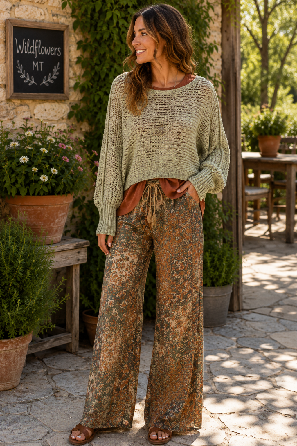A woman stands outdoors in a rustic patio setting wearing a light sage green ribbed knit cropped sweater and brown wide-leg pants with a floral print.