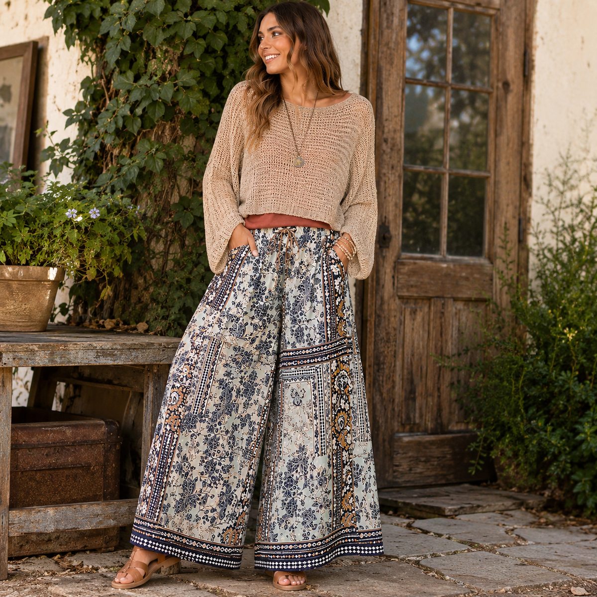 A woman stands outdoors in front of a rustic wooden door and stone wall, wearing a beige knit cropped sweater and high-waisted, wide-leg boho pants with a blue, beige, and brown floral pattern.