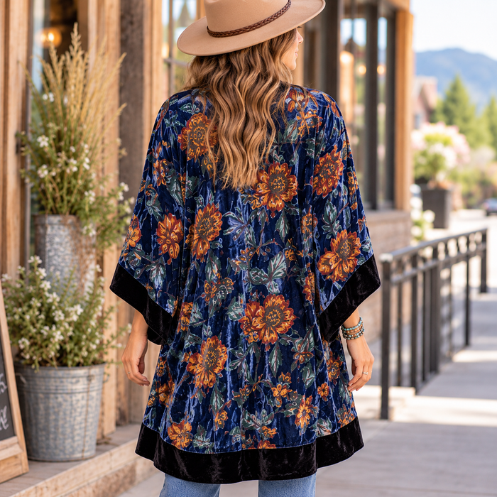 A woman viewed from behind wearing a navy blue velvet tunic top with a vibrant orange and yellow sunflower print, styled with a beige wide-brim hat in an outdoor storefront setting.