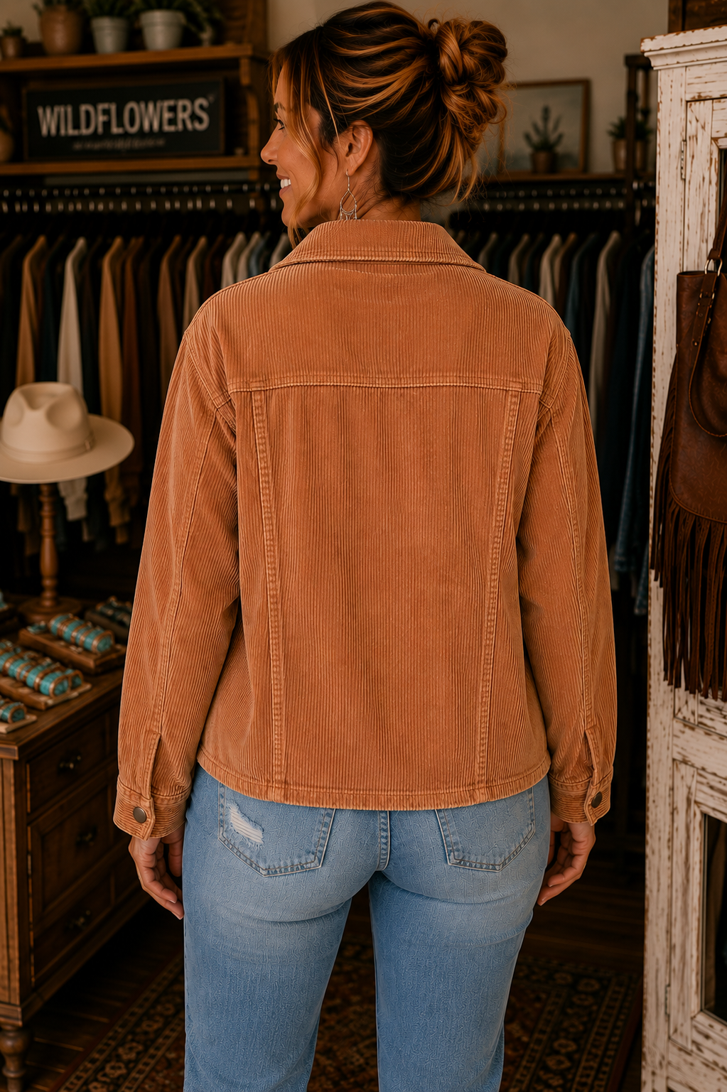 A woman viewed from behind wearing a rust-brown corduroy jacket and light blue jeans inside a rustic clothing boutique.