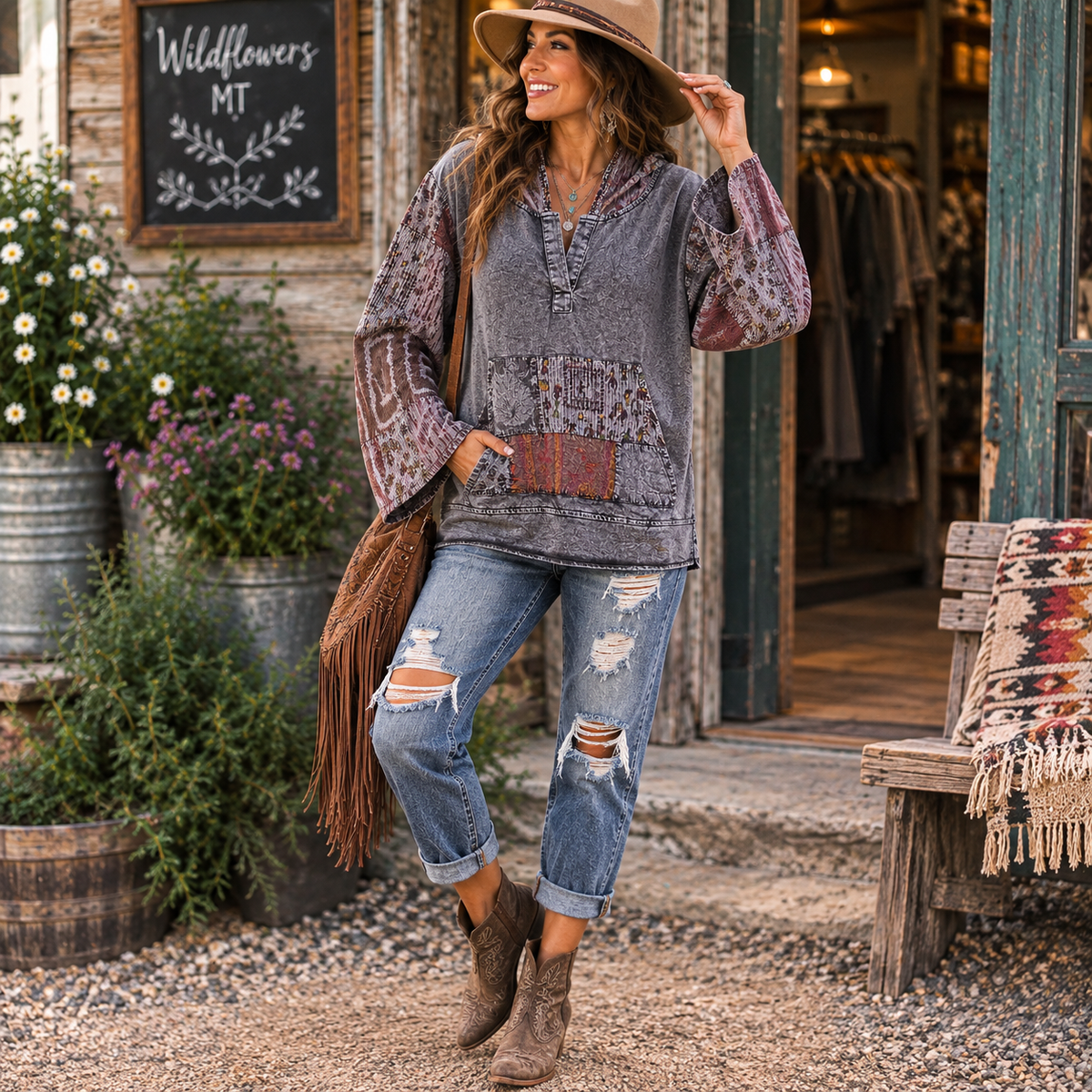 A woman stands in a rustic storefront wearing a loose patchwork long-sleeve top in muted gray, purple, and brown tones, paired with distressed blue jeans and brown ankle boots. She holds a brown fringe bag and wears a wide-brim hat.