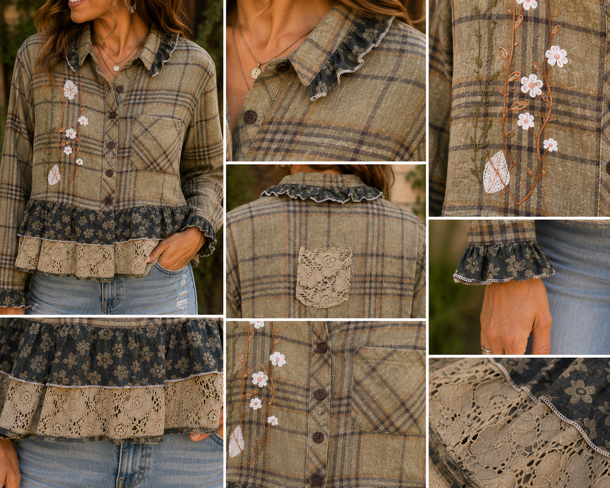 A woman wearing a plaid button-front blouse with ruffled trim, shown in a collage of close-up detail shots. The blouse has a tan and brown plaid body, dark navy ruffled trim, a lace pocket, floral embroidery, and white flower appliqués.