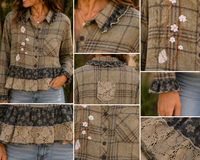 A woman wearing a plaid button-front blouse with ruffled trim, shown in a collage of close-up detail shots. The blouse has a tan and brown plaid body, dark navy ruffled trim, a lace pocket, floral embroidery, and white flower appliqués.