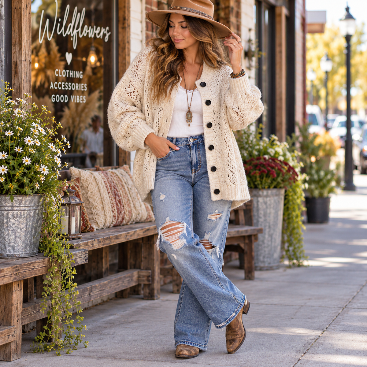 A woman stands on a sidewalk in front of a storefront wearing a cream open-front knit cardigan with large black buttons, a wide-brim tan hat, a white top, distressed light-wash jeans, and brown ankle boots. The storefront window reads Wildflowers.
