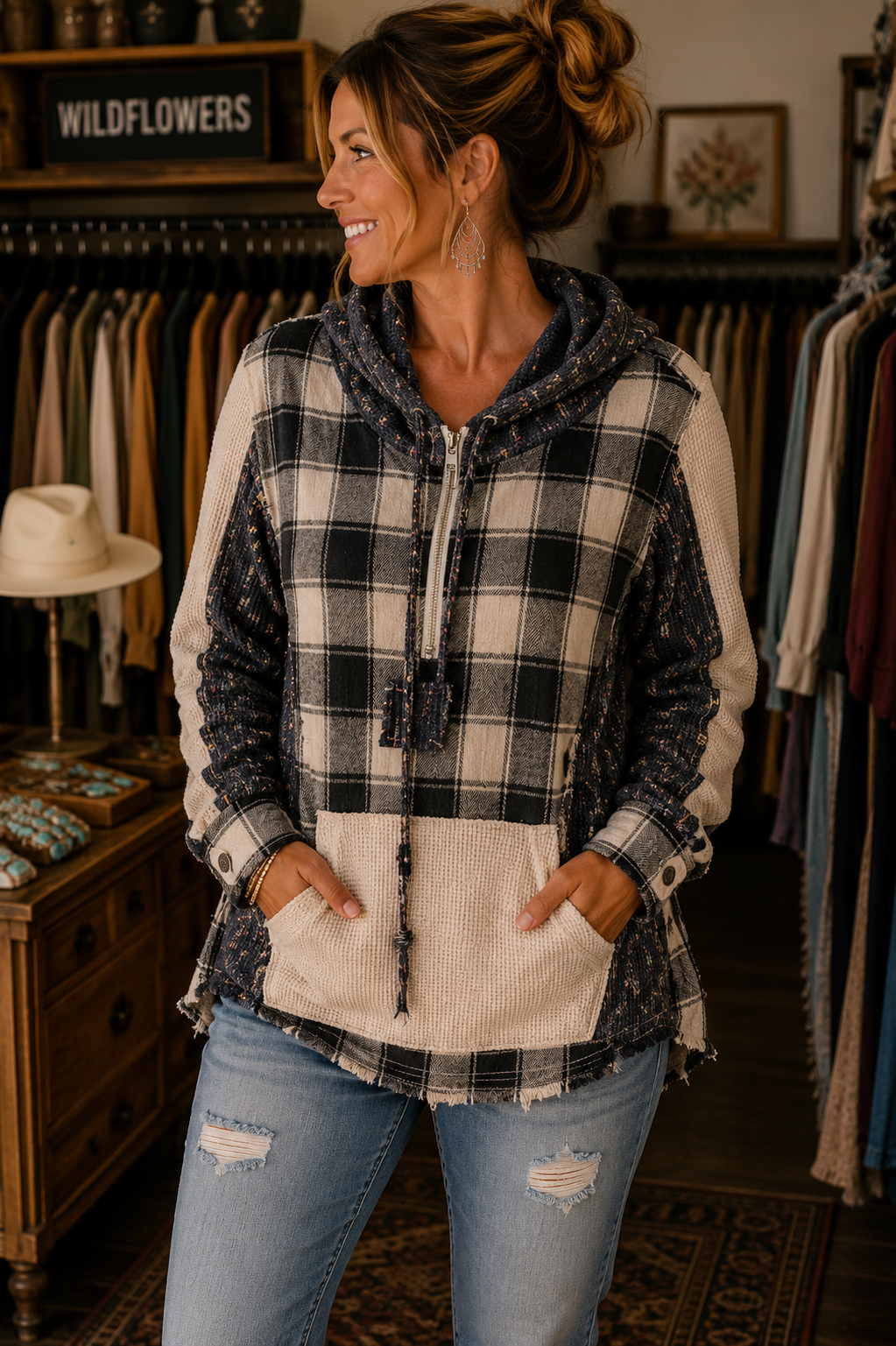 A woman wearing a mixed-media plaid hooded sweatshirt with black and cream panels, standing in a rustic clothing boutique.