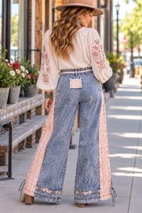 Back view of the POL denim patchwork pants