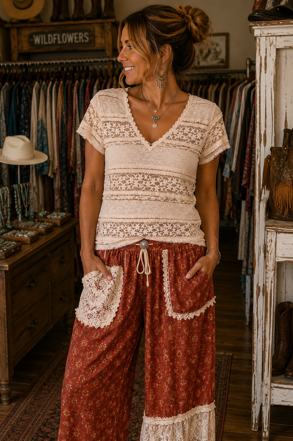 A woman modeling a bohemian-style two-piece outfit in a rustic clothing boutique. The set features a cream lace short-sleeve top and rust-red patterned wide-leg pants with lace trim.