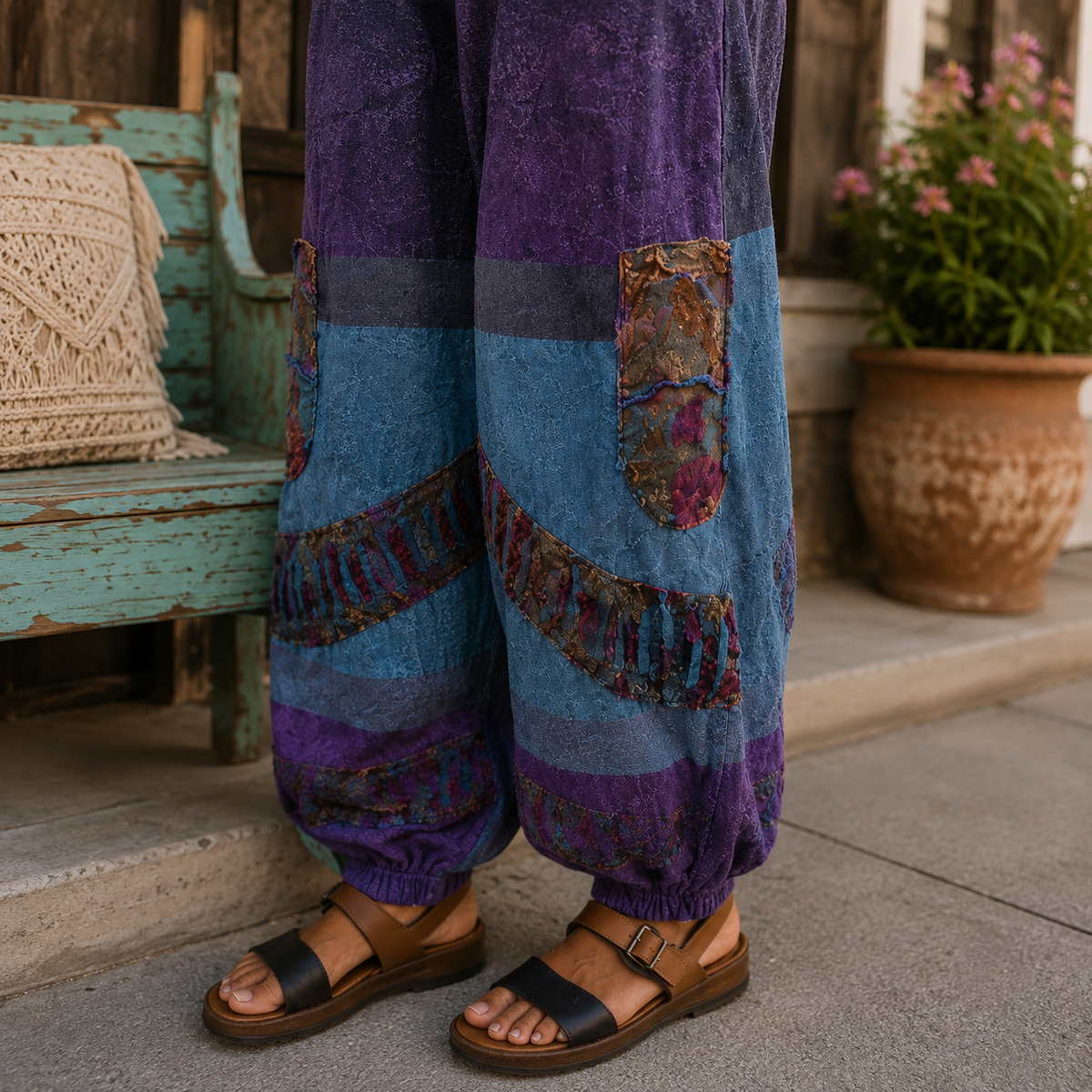 A person wearing loose, patchwork-patterned harem-style pants in purple and blue with brown sandals, standing on a porch beside a distressed teal bench and a potted plant.