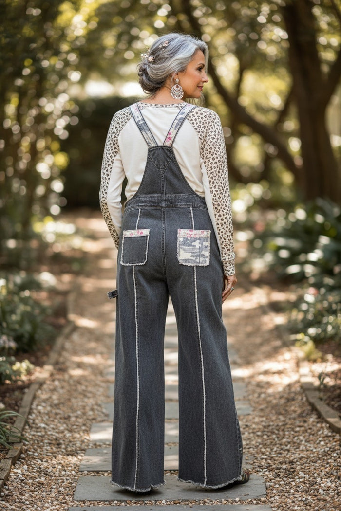 Leopard Print Black Jean Overalls