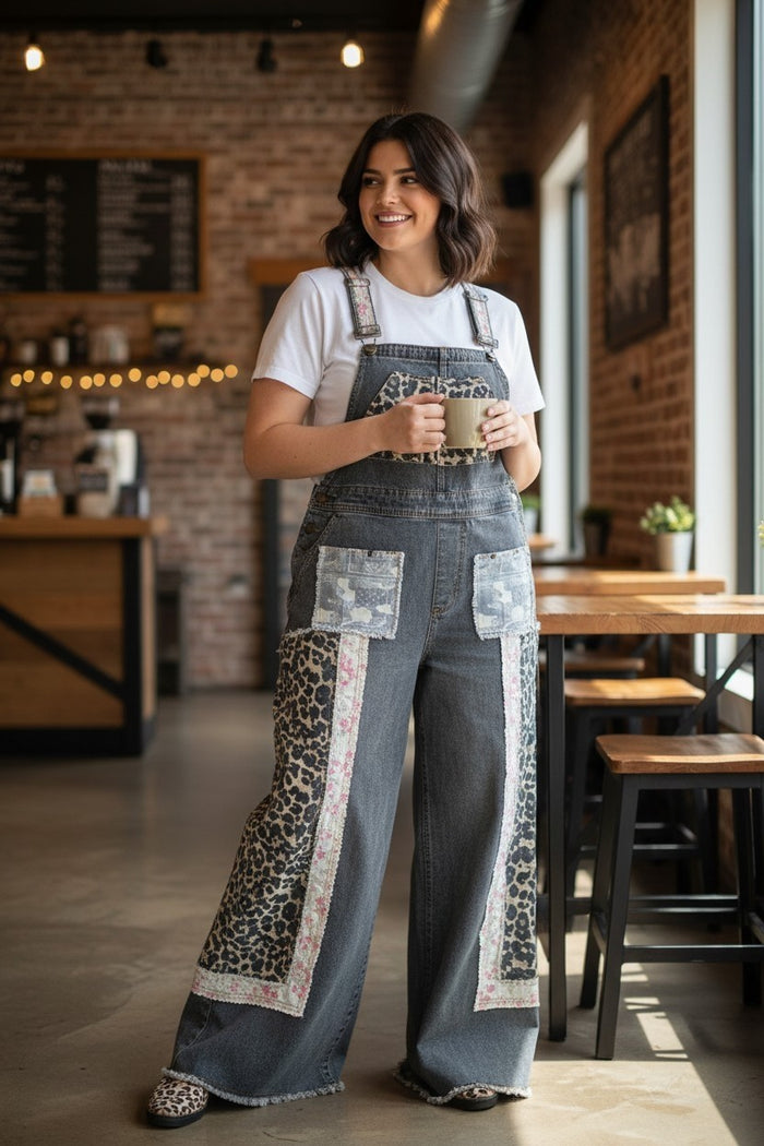 Leopard Print Black Jean Overalls