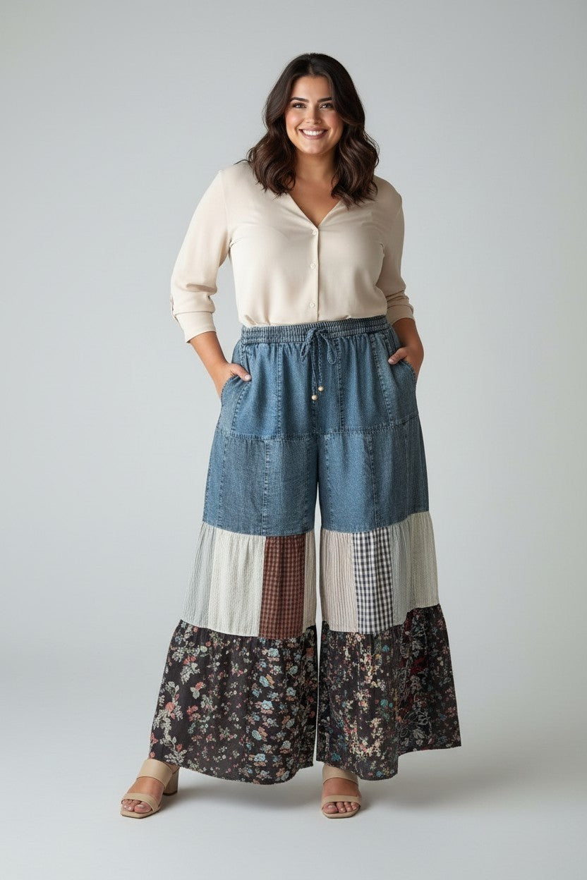 Plus-Sized Denim & Patch Tiered Pants
