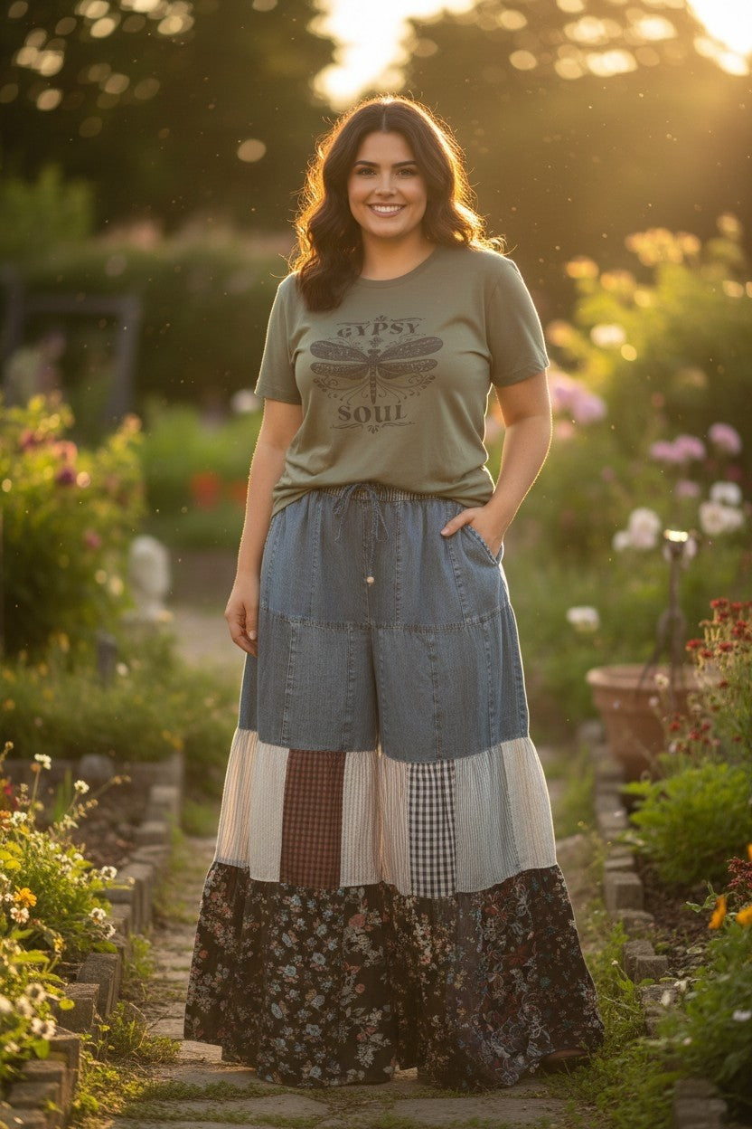 Plus-Sized Denim & Patch Tiered Pants