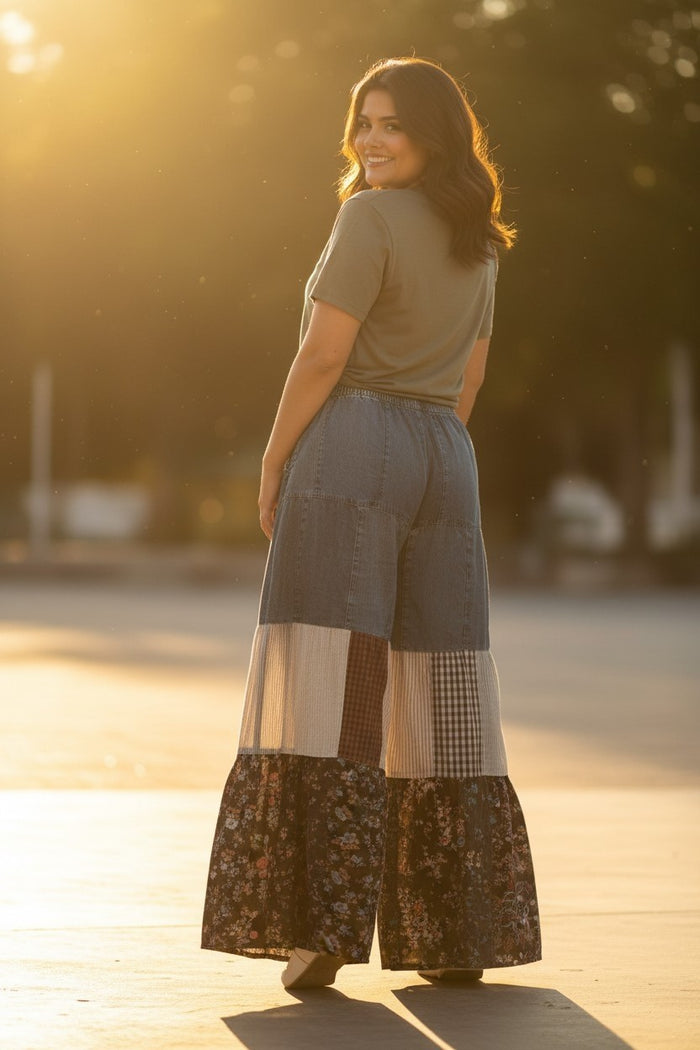 Plus-Sized Denim & Patch Tiered Pants