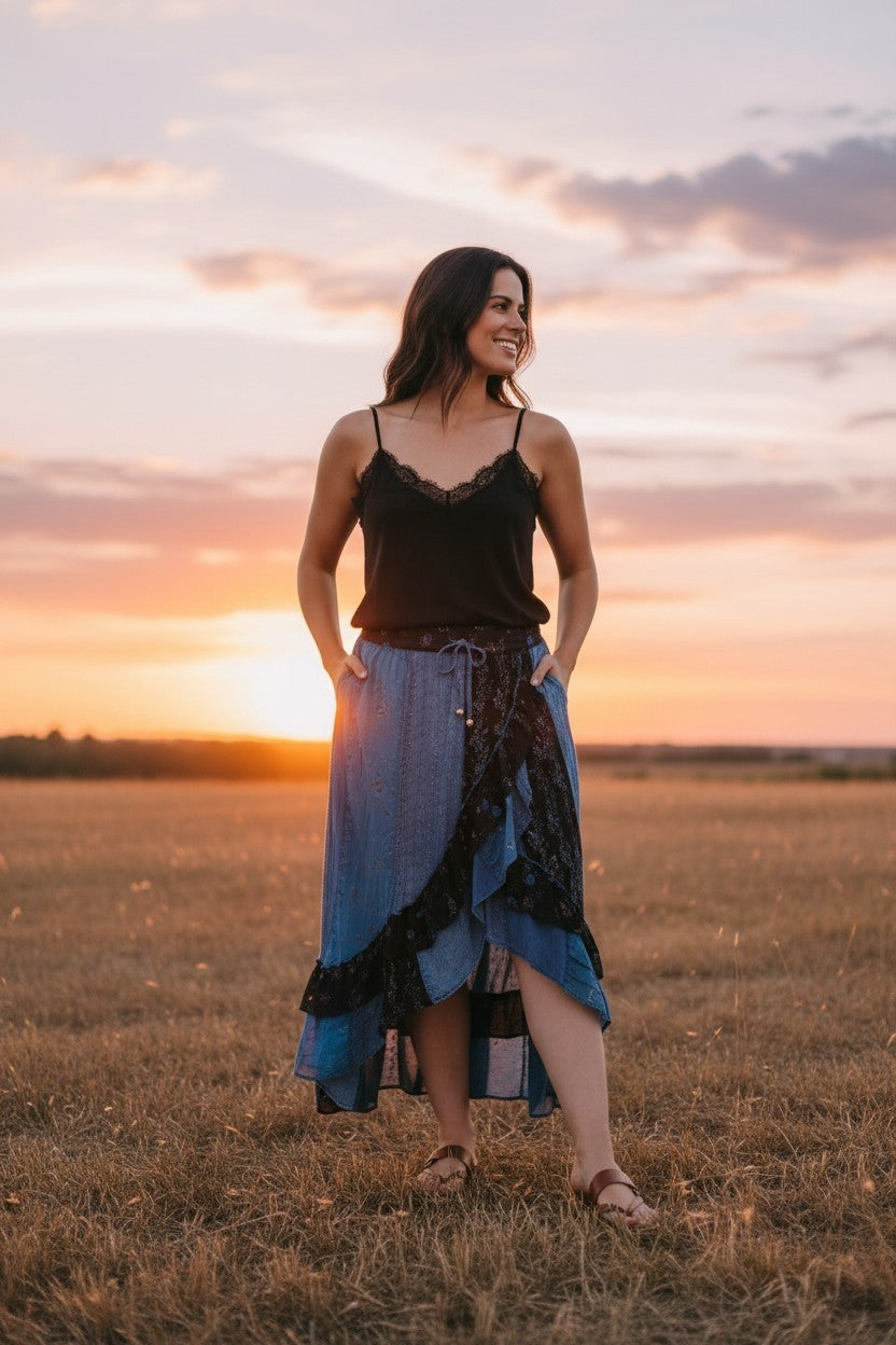 Boho Ruffle Wrapped Fit & Flare Midi Skirt