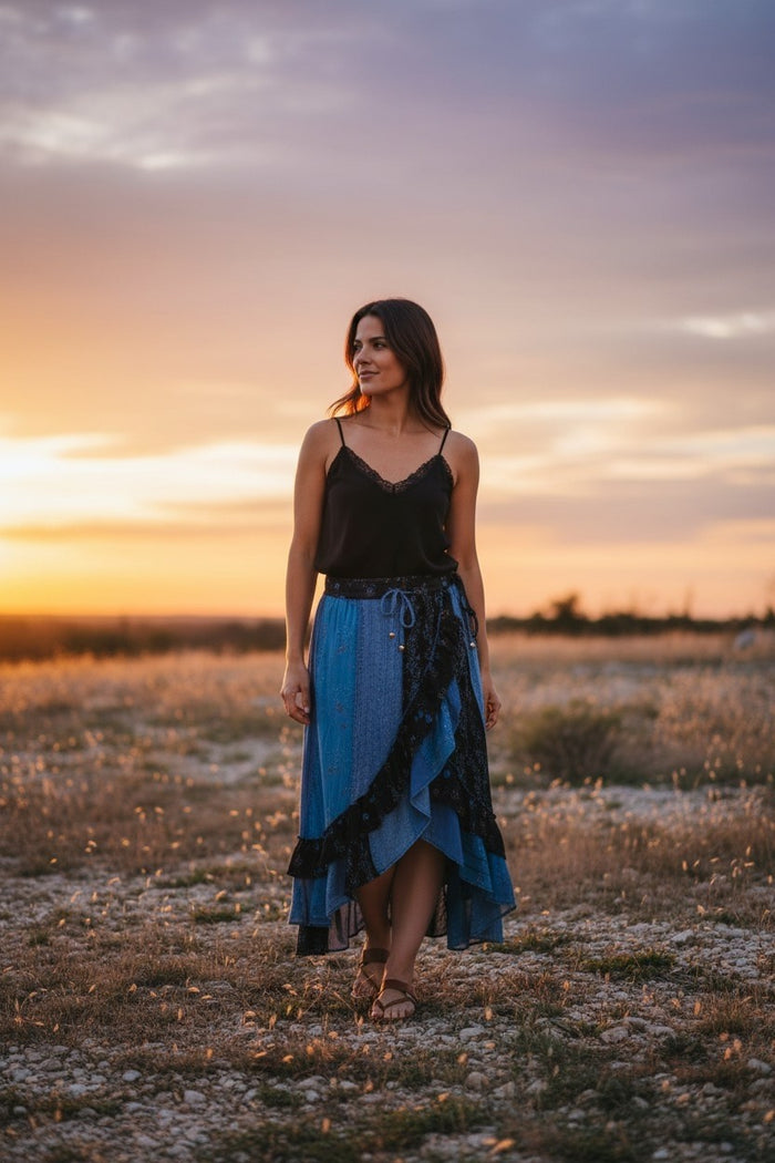 Boho Ruffle Wrapped Fit & Flare Midi Skirt