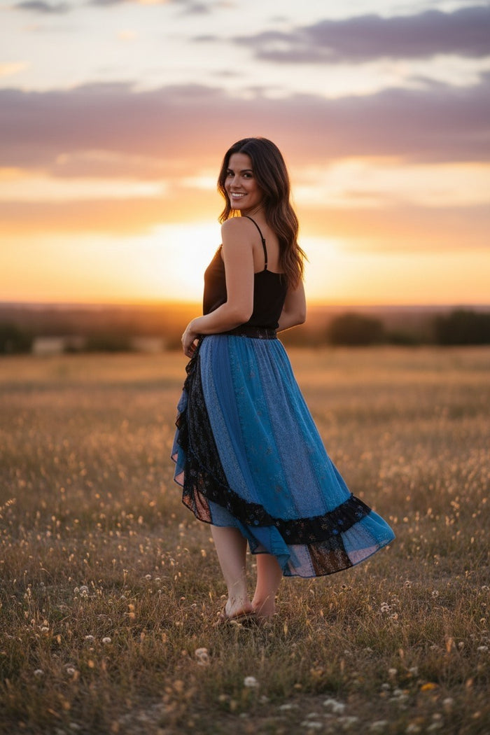 Boho Ruffle Wrapped Fit & Flare Midi Skirt