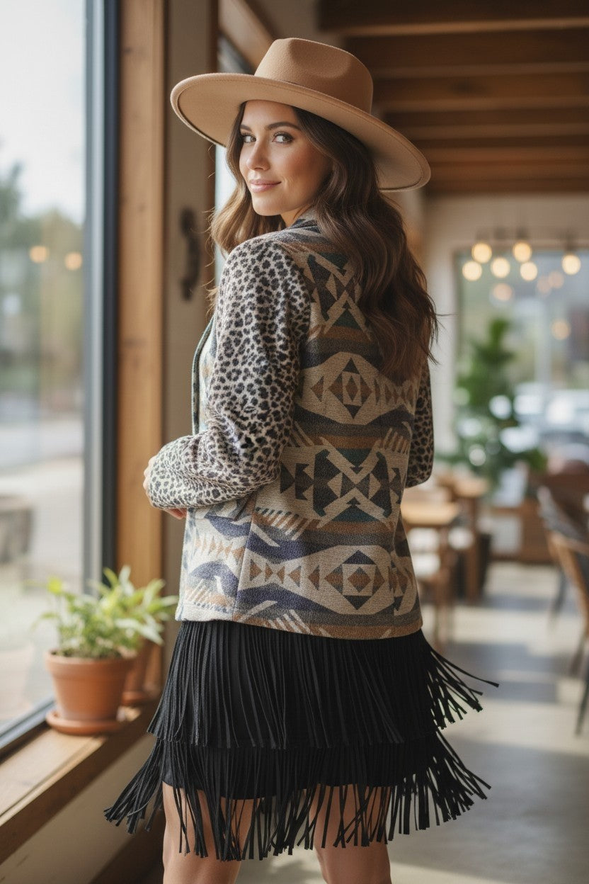 Leopard & Aztec Open Front Cardigan Jacket