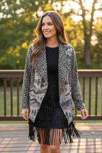 Leopard & Aztec Open Front Cardigan Jacket