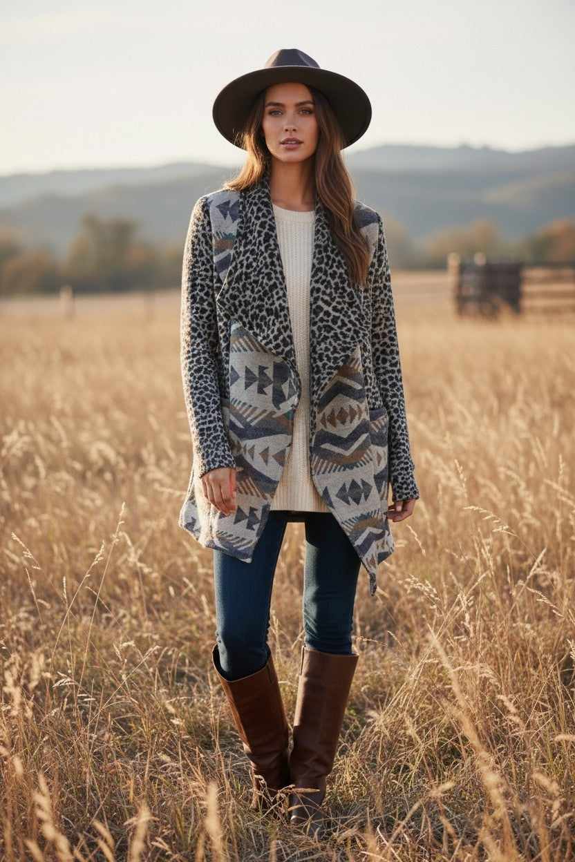 Leopard & Aztec Open Front Cardigan Jacket