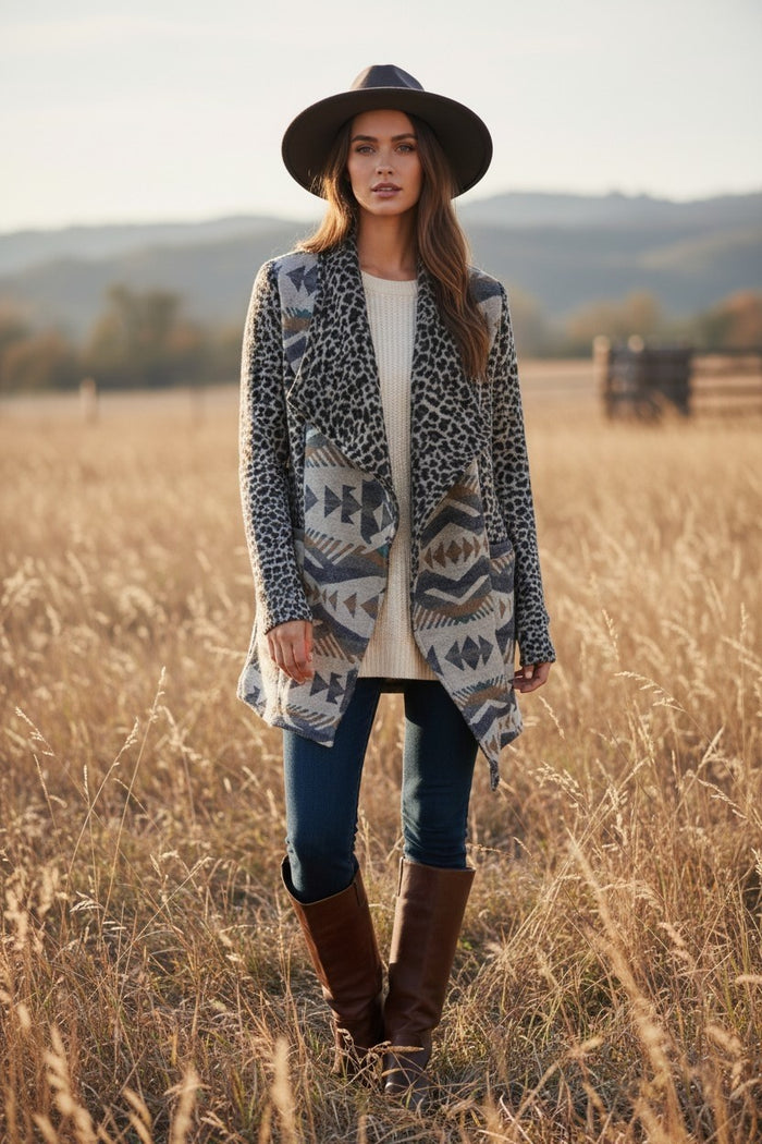 Leopard & Aztec Open Front Cardigan Jacket