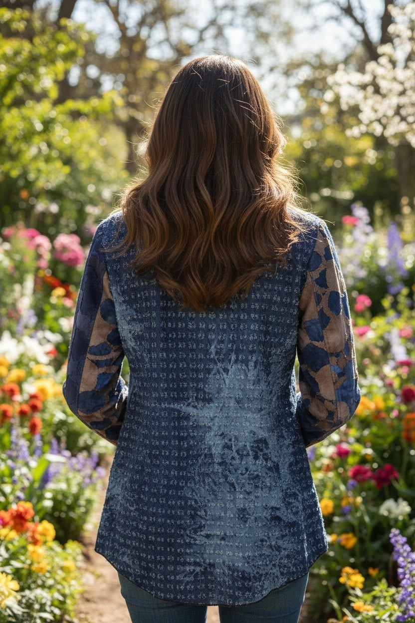 Blue Mixed Fabric Button Up Collared Top