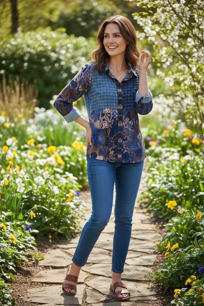 Blue Mixed Fabric Button Up Collared Top