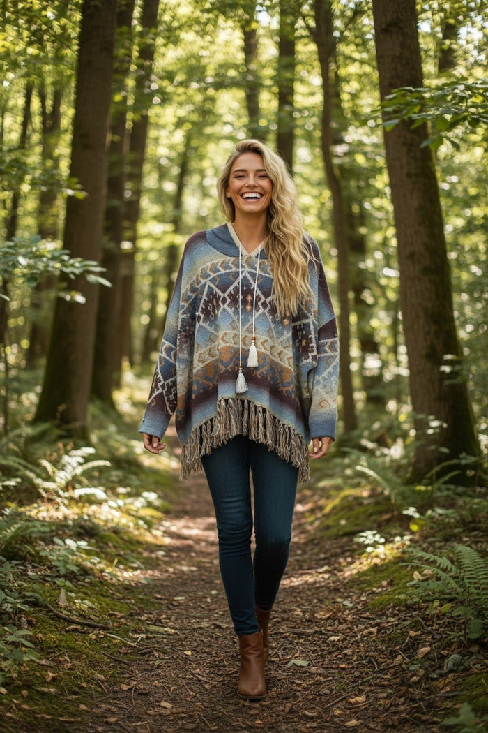 Tribal Hooded Pullover with Fringe