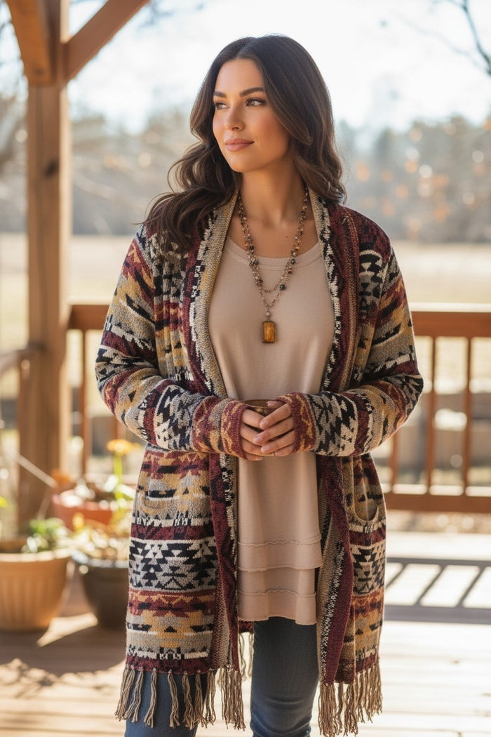 Aztec Bohemian Open-Front Cardigan