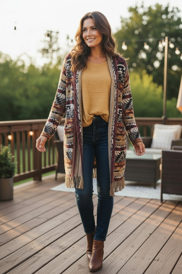 Aztec Bohemian Open-Front Cardigan