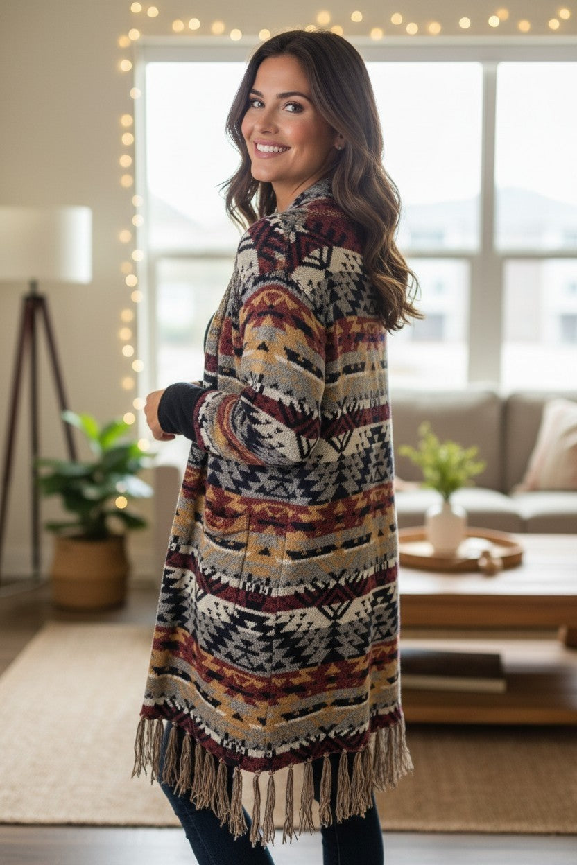 Aztec Bohemian Open-Front Cardigan