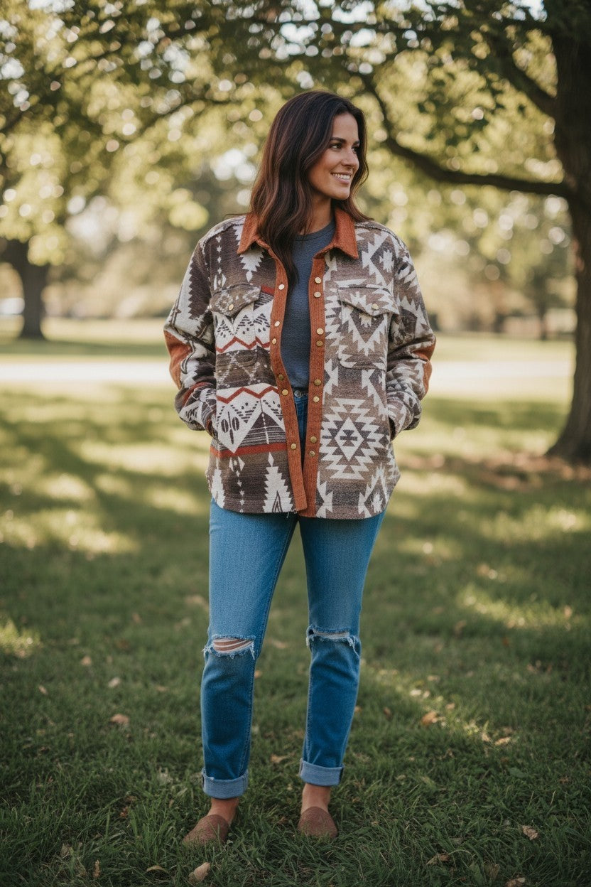 Aztec Shacket with Corduroy Elbow Patch