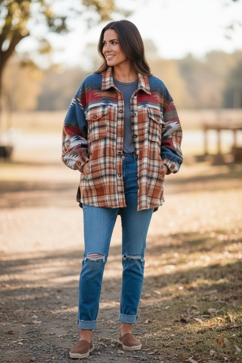 Western Plaid Print Shacket with Elbow Patches